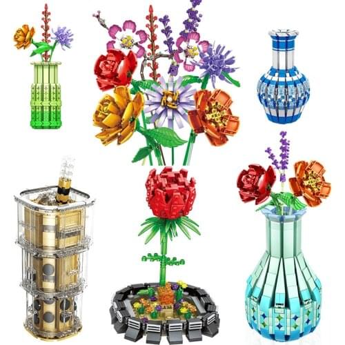 City Creative Series Vase Bouquet Milk Tea Cup Bonsai Flower Desktop Ornaments DIY Model Building Blocks Toys Gifts
