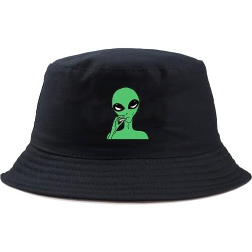 Cool Black smoking alien Print Bucket Hats For Women Men Fishing Hat Sun Summer Sunscreen Fisherman Panama Hip Hop Cap