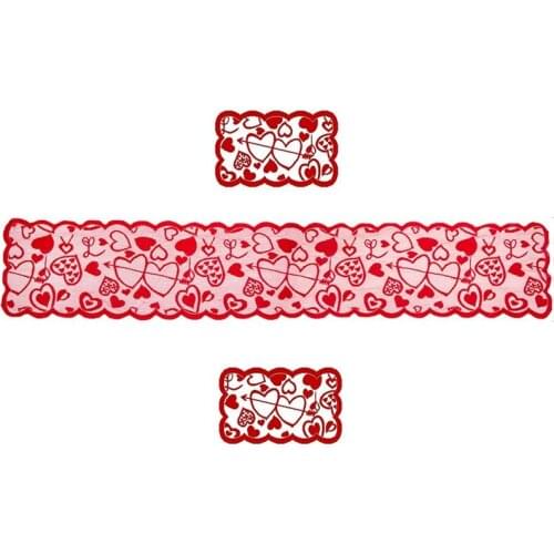 Valentines Day Lace Table Runner And Placemats Set-Red Heart Printed Table Runner For Valentines Day Table Decorations-ABUX