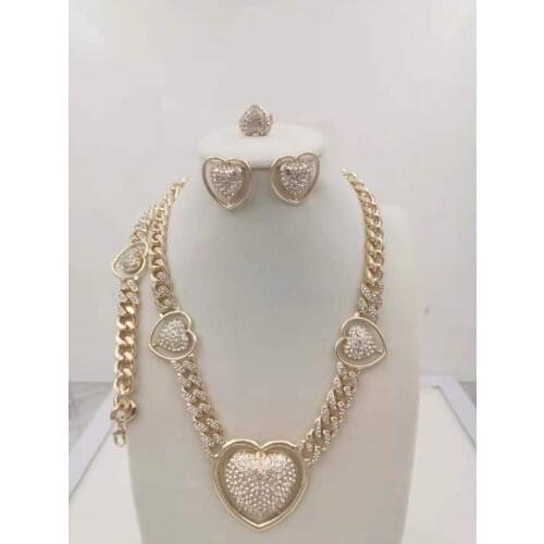 Fashion Dubai Gold Jewelry Sets Crystal Heart Necklace Bangle Ring Earrings Set Wedding Gift African Nigeria Jewelry for Women