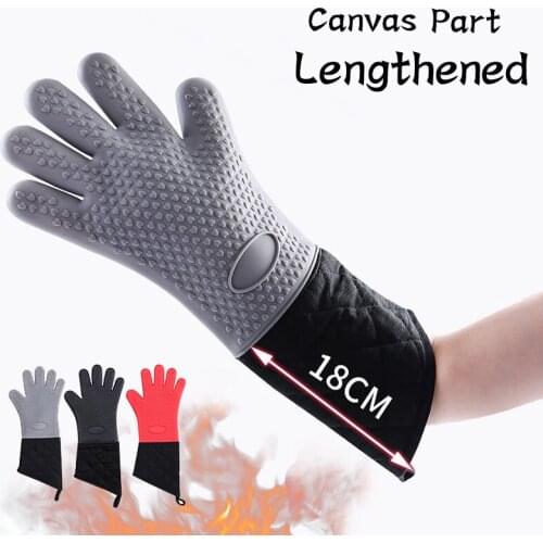 Non-Slip Silicone Oven Mitt Baking Gloves Canvas Lengthened Anti-Scalding Microwave Gloves Cotton Lining for Barbecue Cooking