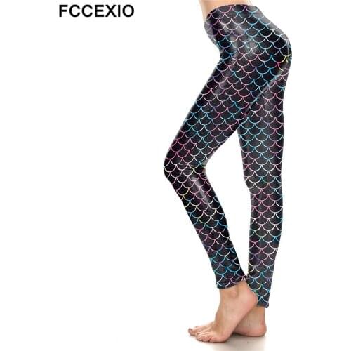 FCCEXIO 2019 New Fashion Bliny Mermaid Wings High Waist Leggings Black Scales Print Legging Stretch Fitness Legins Women Pants