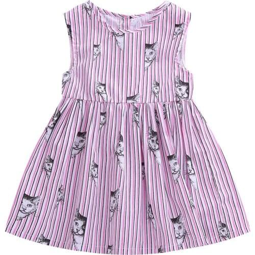 JALAIRO New Summer Kids Lovely Sleeveless Purple Striped Naughty Cats Animals Woven Sleeveless Cotton Girls Casual Dresses