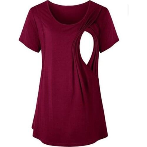 Round Neck Simple Solid Color Side Open Short-Sleeved Maternity Clothes Pregnant Women Breastfeeding Top Loose Casual T-Shirt
