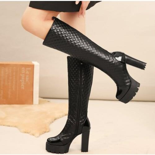 2021 New Autumn Winter Knee Boots Ladies Fashion Zipper Square High Heel Boots Waterproof Platform Womens Shoes