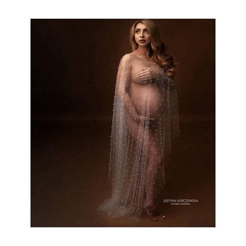 Sexy Pearls Pregnancy Overlay Dresses Long Length See Thru Custom Made Plus Size Photo Shoot Maternity Dressing Gown