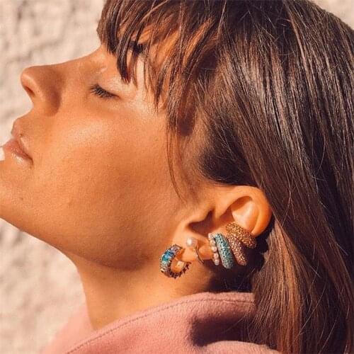 Boho Trendy Pearls Ear Cuff Earring For Women Girls Fashion Rainbow Cubic Zirconia Stones Small Clip Earring Bohemia Ear Jewelry