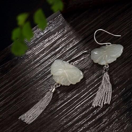 Brinco Time-limited Plant 2018 Real 925 Sterling Natural Hetian Jade Stone Drop Earrings Asymmetric Long Tassels