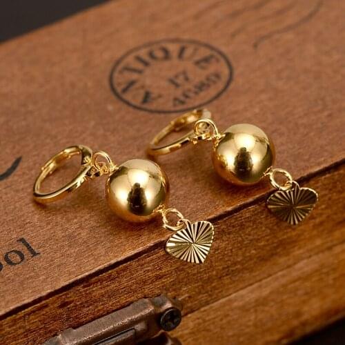 Beads smooth heart hang Earrings for Women/Girls 24 k Fine Solid Gold Yellow FINISH Ball Earing Jewelry Gifts African