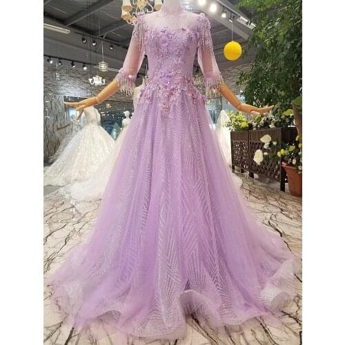 Light Purple 2020 Prom Dresses Real Image High Neck 3/4 Sleeves Lace Appliqued Sexy Women Occasion Pageant Evening Gowns