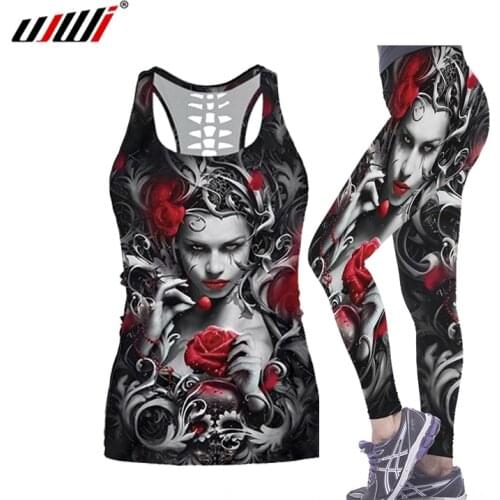 UJWI 3D Printed Skull Rose Hollow Tank top Women Sexy Vest Girls Fashion Tank top Clothes Leggings suit Oversized Drop ship