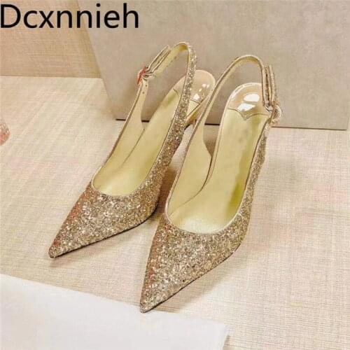 Gold Woman Rhinestone high heels shoes new summer stiletto crystal pointed toe female sandals pumps wedding shoes Women 2021