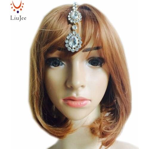 LiuJee KD137 Clear crystal dangle forehead bridal pageant prom headpieces wedding teardrop hair jewelry accessories