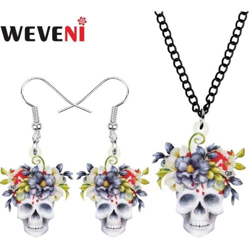 WEVENI Acrylic Halloween Flower Skeleton Skull Jewelry Sets Print Earrings Necklace For Women Kids Teen Classic Gift Decoration