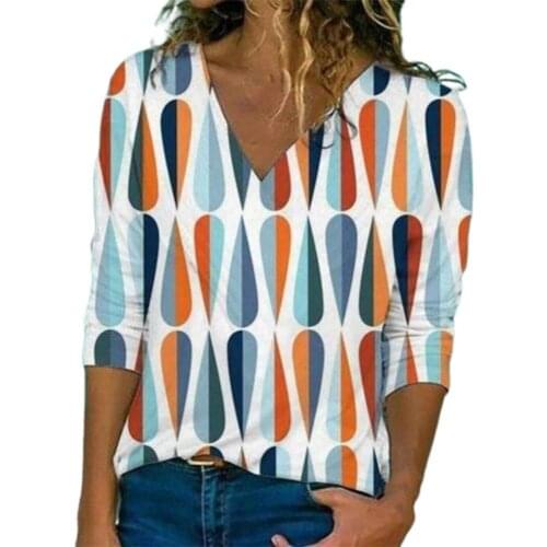 Ladies 3D Geometry Print T Shirt Long Sleeve Women V-Neck Loose Tee Tops 2021 New Summer Plus Size Casual Streetwear Top Clothes