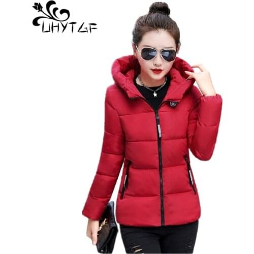 UHYTGF Womens Short Winter Warm Coat Korean Lady M-5XL Plus Size Jackets Fashion Cotton aphid Female Hooded Parka Jacket X387