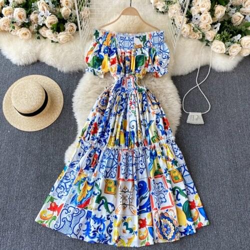 Womens Spring Summer Runway Fashion Elastic Slash Neck Print Dress Female High Waist ChicTravel Beach Party Dress TB1907