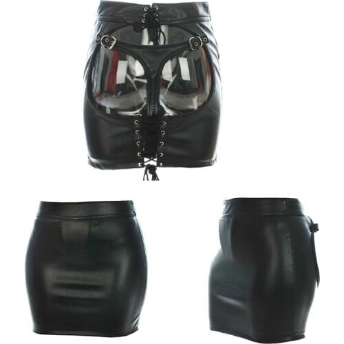 Womens Skirt Fetish Body Restraint Mistress Role Play Costume Soft Faux Leather Thong Back Open Butt Sexy Leather Bondage Pants