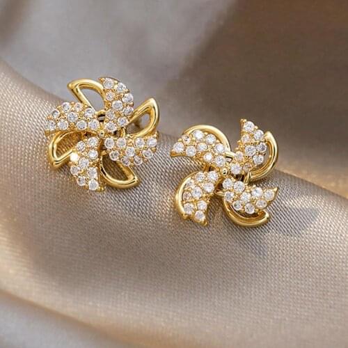 Ear Studs Rotating Windmill Shape Rhinestone Korean Style Shiny All Match Stud Earrings 2021 Women Jewelry Accessories