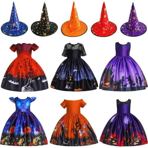 Halloween Girls Witch Cosplay Costume Dress Hat Outfit Children Cartoon Print Dress Jack-o-lantern Ghost Werewolf Vampire Zombie