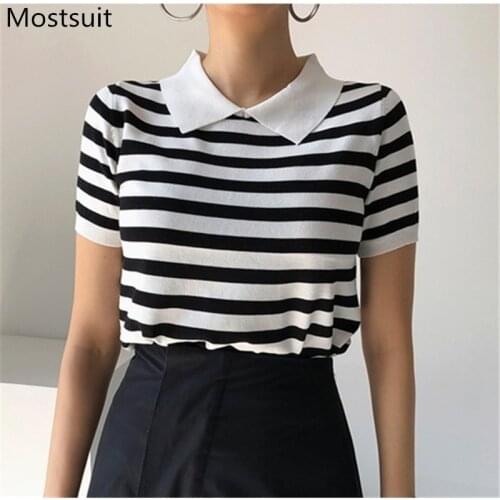 2021 Summer Thin Knitted Pullover Women Short Sleeve Turn-down Collar Knitwear Tops Casual Fashion Korean Ladies Jumpers Sweater