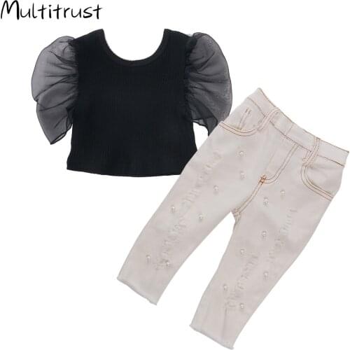 2020 Fashion Infant Baby Girls Clothes Sets Puff Sleeve Solid T Shirts Tops Pearl Blue Denim Pants 0-5Y