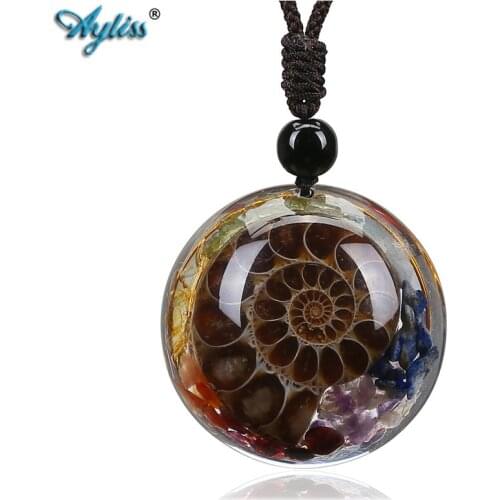 Ayliss 7 Chakra Snail Ammonites dome-shaped gum resin Pendant Necklace with Adjustable Brown Rope Chain for Men Women