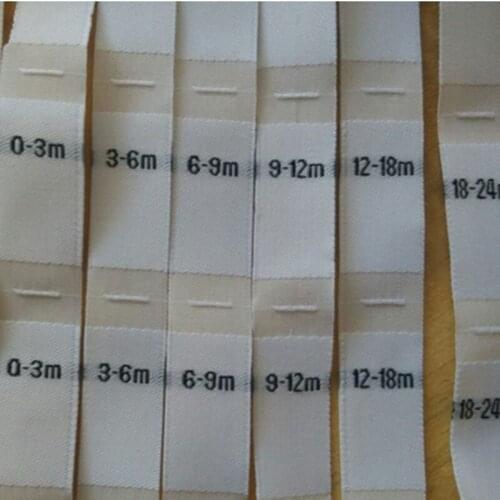 White Damask polyester cloth size label baby garment woven tags 0-3m , 3-6m , 6-9m , 9-12m , 12-18m ,18-24m
