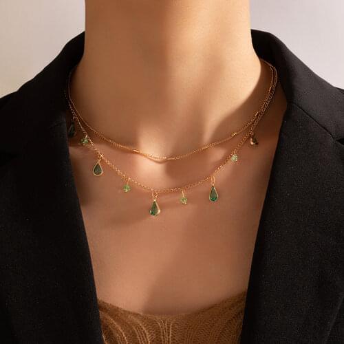Tocona Bohemian Water Drop Green Rhinestone Chain Necklace for Women Gold Alloy Metal Trendy Jewelry Gift Wholesale 14723