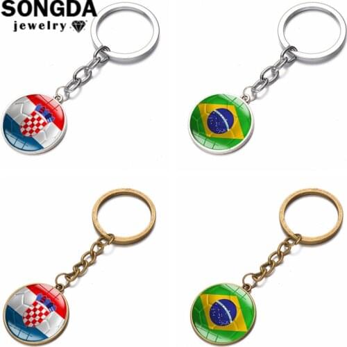 SONGDA New World Flag Football Keychain National Brazil Croatia Flag Key Chain Handmade Round Photo Glass Cabochon Car Key Ring