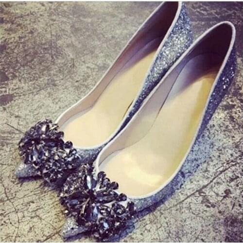 Elegant Silver Crystal Glitter Woman Shoes Pointed Toe Slip-on String Bead Ladies Wedding Dress Shoes Hig Heels Women Pumps