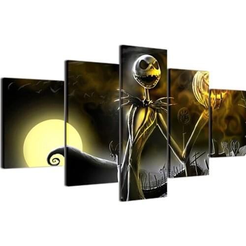 HD Printed Canvas Painting Wall Cartoon Skull Art Pictures Halloween Poster 5 Pieces Nightmare Before Christmas Painting Gift Fo