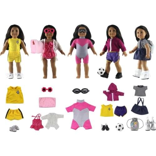 New 5 set Doll Clothes Leisure handmade dress outfit for 18 inch American Doll+Shoes+Bag+Soccer+Glasses Doll accessories