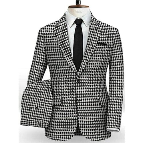 Men’s Slim Fit Suits Formal Party Houndstooth Tuxedo Office Business 2 Piece Jacket and Pants Set Groom Wedding Blazer Masculino
