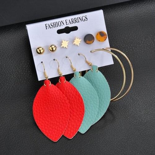 YADA 6 PCS RED&Blue Leaf Faux Leather Earring Set Statement Tassel Handmade Earring For Women Jewelry Bohemian Earrings ER200014