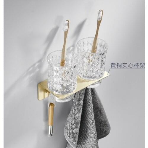 Luxury Mouthwash Tumbler Holder Double Cup Gold Bathroom Rack Storage Rack Brass Wall Mounted Toothbrush Holder with Hook