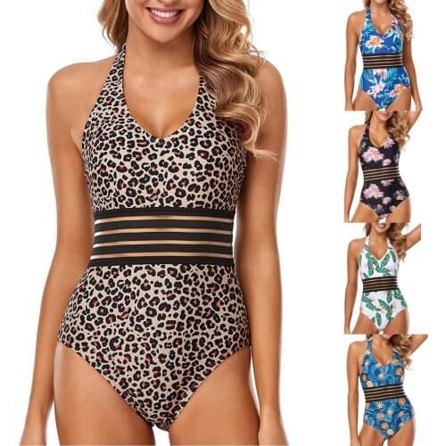 2021 newest fashionable Women Casual Sexy Swimsuit Sleeveless U-shaped Collar Printing Black/ Blue/ Khaki/ White