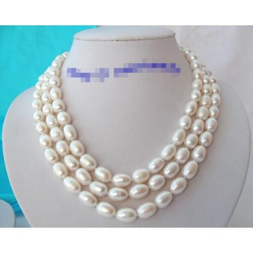 Natural Stunning 3rows Big 13mm White Rice Freshwater Pearls Necklace Bridal Wedding Word Shipping $ Luxury Girls Weddin-jewelry