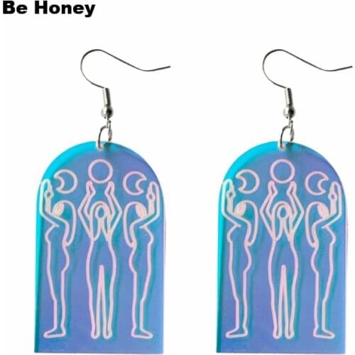 Iridescent Laser Cut Wicca Goddess Triple Moon Earrings Acrylic Dangle Earrings For Women Celestial Arch Shape Pendant Earrings