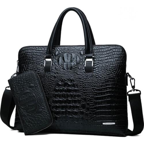 Double Layer Mens Handbag Men Briefcases Leather Handbags Crocodile Pattern Shoulder Bag Male Business Men Laptop Bag Sac Homme