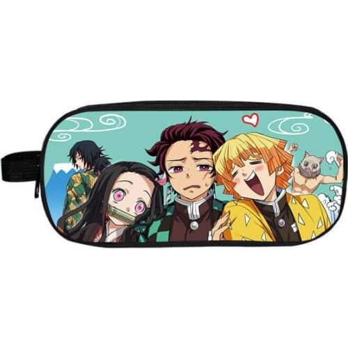 Ghost Slayer Ninja Double-layer Portable Pen Bag Children Pencil bag Vertical Square Student Pencil Case stationery storage box