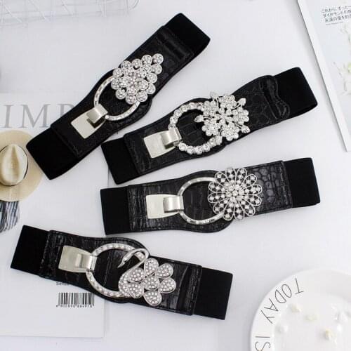 RYFIX Ladies Belt Black Simple Waist Elastic Ladies Belt Metal Belt Buckle Belt Diamond Decoration Jacket Sweater Fashion Dress