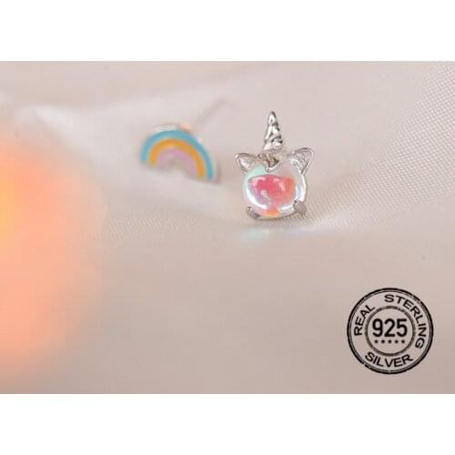 S925 Silver Rainbow Unicorn Stud Earrings For Women New Female Cute Moonstone Hot Sale Korea Fashion Student Gift Jewelry INEFFA