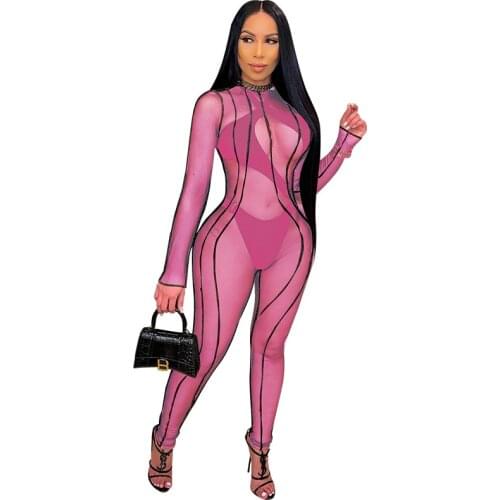 Sexy Women Jumpsuit Sheer Mesh See Through Color Patchwork Party Night Clubwear Long Romper Women Jumpsuit Outfit