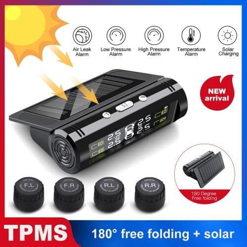 T5 Smart Car TPMS Tire Pressure Monitoring System Solar Power Digital LCD Display Auto Security Alarm Foldable 4 External Sensor