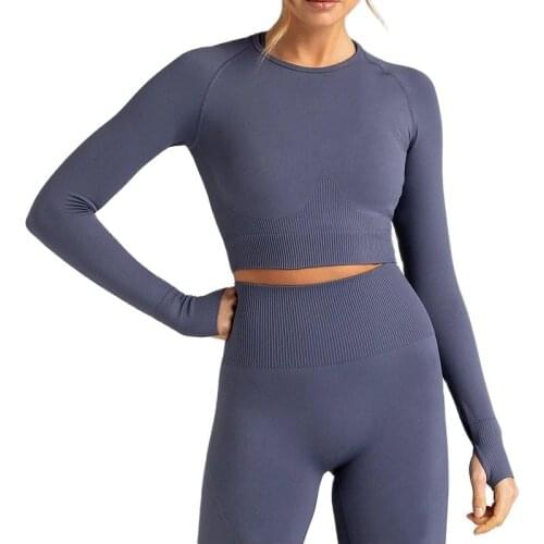 Knitted Seamless Yoga Set Womens Gym Clothing Tracksuit Long Sleeved High Waist Trousers Yoga Suit Sport Fitness Two-piece Suit