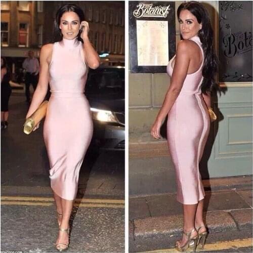 High quality new arrival 2015 nude high neck rayon women bandage dress bodycon dresses pink ladies party dress wholesale