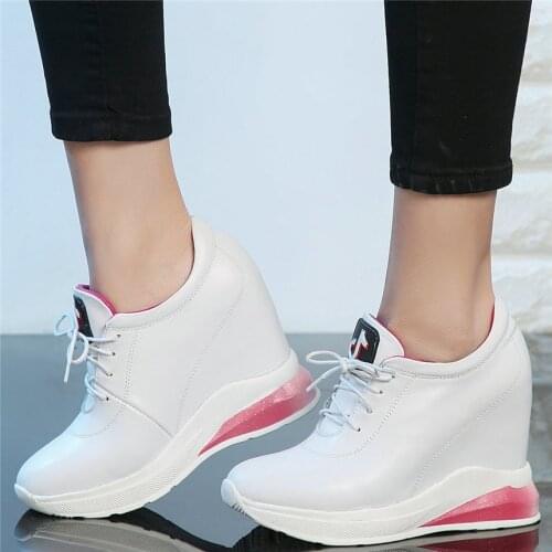 Casual Shoes Women Genuine Leather Wedges High Heel Platform Pumps Shoes Female Lace Up Fashion Sneakers Punk Goth Tennis Shoes