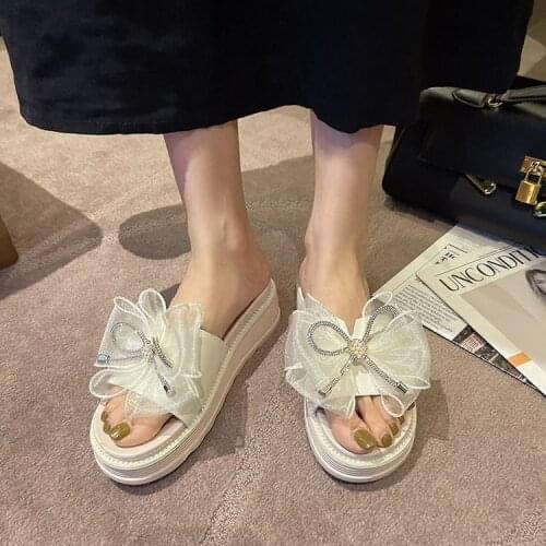 Womens Summer Outdoor Beach Bowknot Mid Heel Beach Slippers Non-Slip Platform Sandals for Women