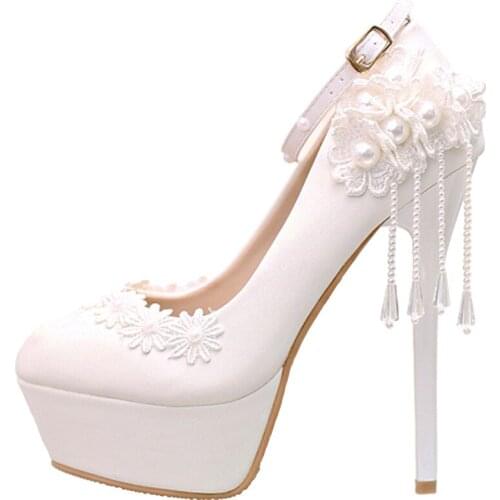 Handmade White Lace Pearl Super High Heel Bridal Shoes Wedding Dress Wedding Shoes Woman Tassel Platform Thin Heels Sandalias